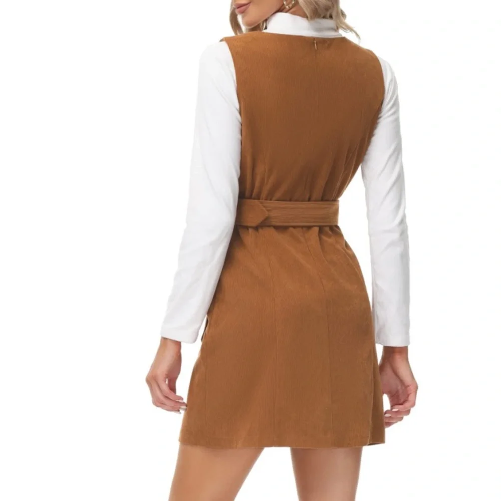 NWT Kancy Kole Brown Corduroy Pinafore Dress with Belt & Pockets - Picture 6 of 14